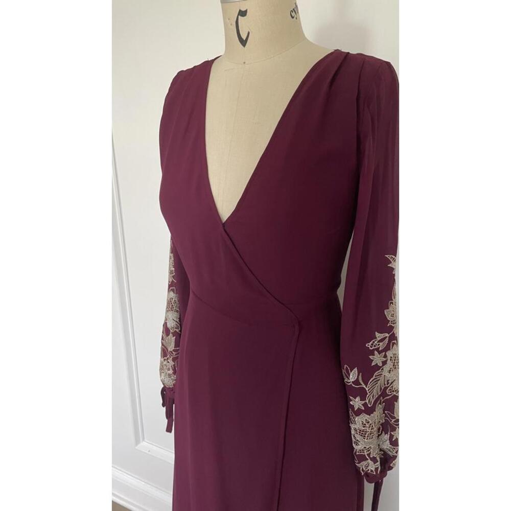 Soieblu - Long Sleeve Burgundy Maxi Dress with Embroidered Sheer Sleeves, size S - Picture 3 of 9
